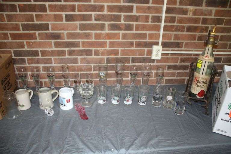 Asbach Uralt Bottle and Metal Stand, Christmas Glasses, Stone Mugs, Bischoff Glasses, Stone Mugs, Pink Glass Slippers, and Misc Glassware image