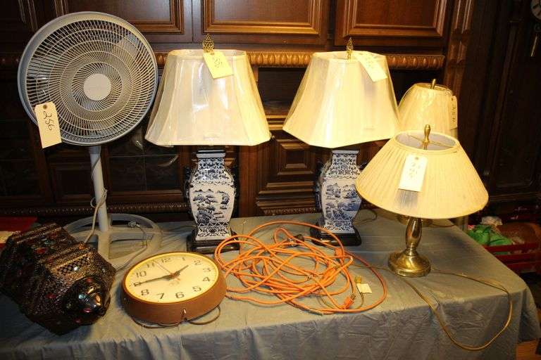 Jeweled Hanging Lantern, (2) Porcelain Lamps, (2) Lamps, Electrical Cord, Aerospeed Fan, and P & I Clock image