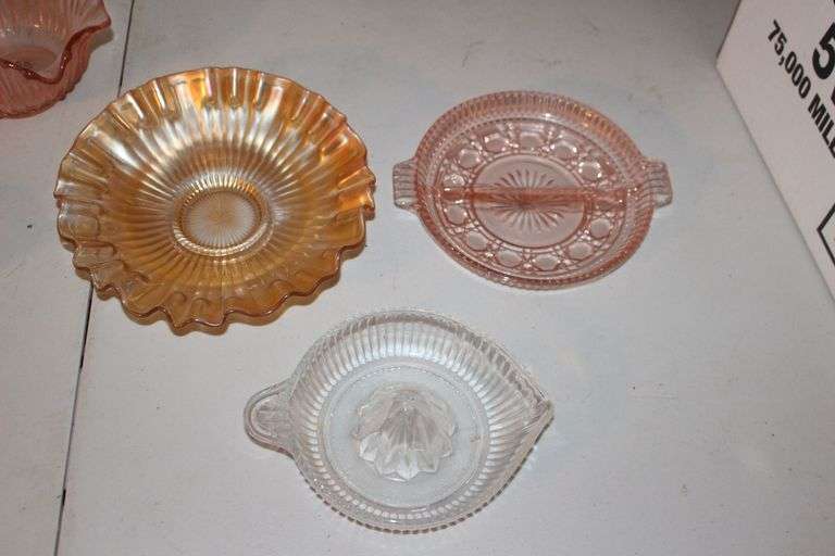 Glass Juicer, Pink Depression Candy Dishes, Canisters, Candy Dish with Lid, and Misc.