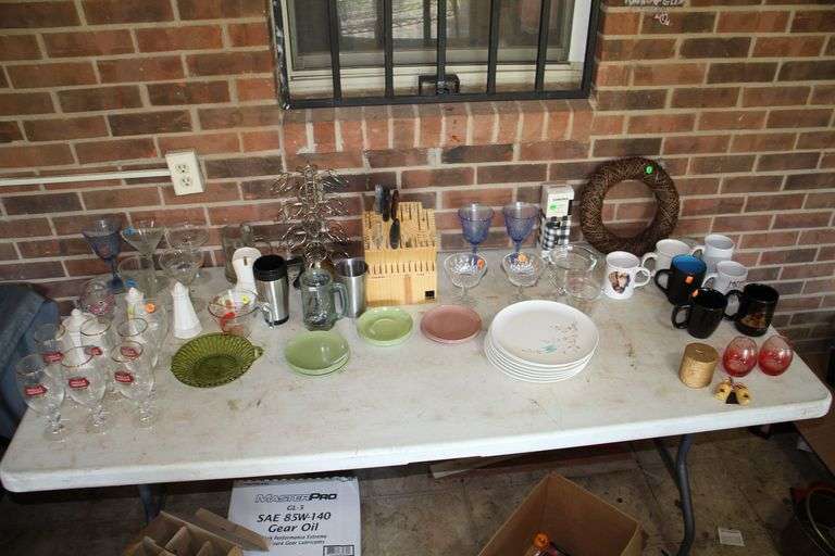 Plates, Saucers, Knife Block, Vue Pack Carousel, (6) Stella Artois Glasses, Mixing Glasses, Mugs, and Misc Glassware image