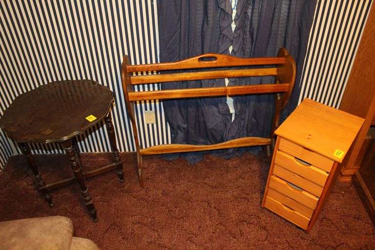 Heart Shaped Quilt Rack, 5 Drawer End Table, and Side Table image