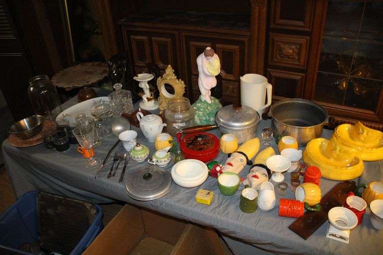 Serving Plate, Decanter, Glass Beverage Dispenser, Glasses, Metal Latel, Ceramic Cat Dishes, Plastic Pitcher, Wooden Cake Plate, Ceramic Cups, and Misc image