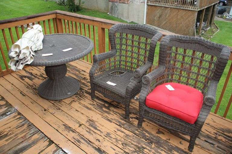 Pier 1 Imports Circular Wicker Patio Table and (2) Chairs with Umbrella image