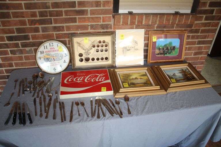 Knives, Forks, Spoons, Plain City Ohio 50th Anniversary Clock, Coin Collector Frame, Coca-Cola Plastic Sign, (2) Prints, and Misc Drawings and Pictures image