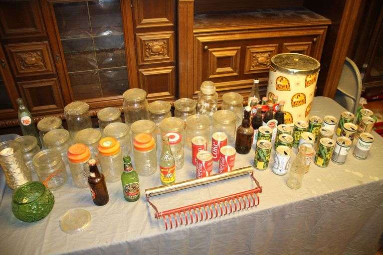 1077th MASH Beer Cans, Glass Jars, Kirby Shag King, Christmas Coca Cola Bottles, Glass Bottles, Coca Cola Cans, and Misc image