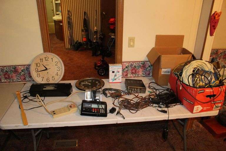 Kruger and Sports Wall Clocks, Sound Design Radio, Back Scratcher, CB Radio, Whistler Scanner, Electrical Wire, and Misc. image