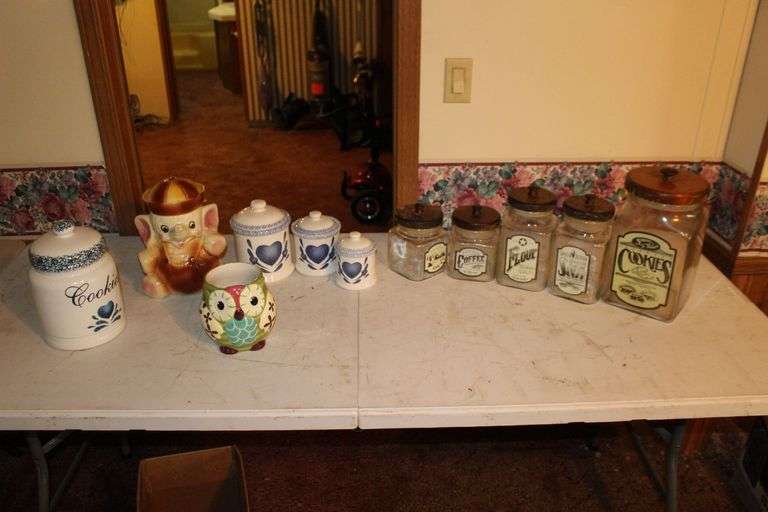 Glass Canisters, Elephant Cookie Jar, Owl Jar, and Stoneware Canisters image