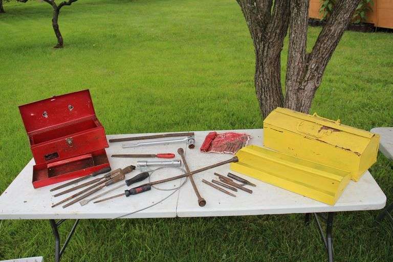 (2) Metal Tool Boxes, Files, Taps, 4 Way Tire Tool, Chisel, Allen Wrenches, 3/4 Inch Drive Breaker Bar, and Misc image