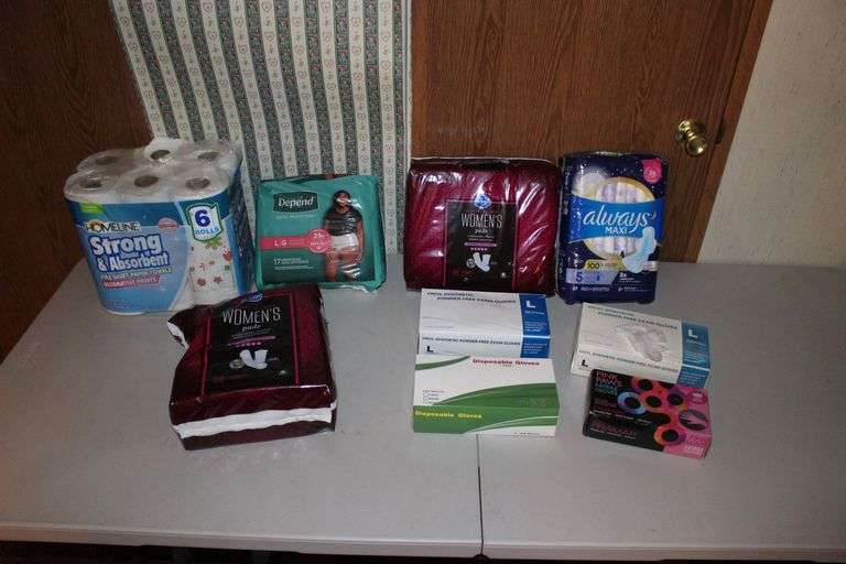 Depend LG Underwear, Large Disposable Gloves, Always Maxi Pads, and Misc. image