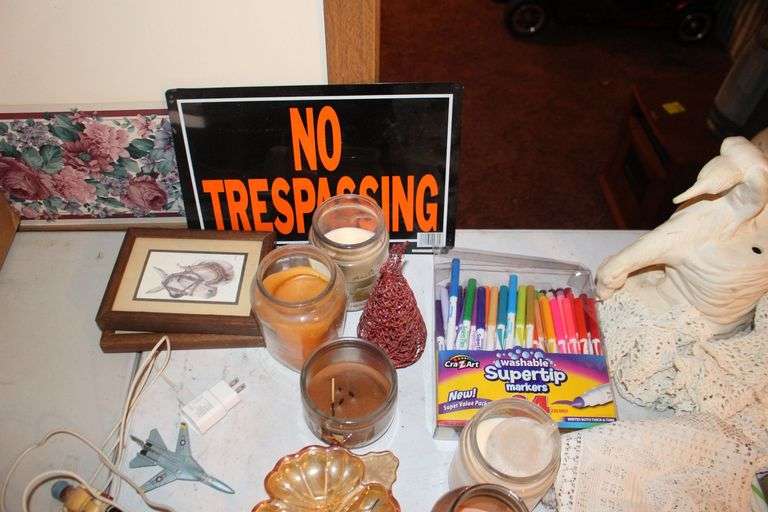 Maple's Regulator Wall Clock, Welcome Hand Saw Decoration, Candles, No Trespassing Sign, Candy Dish, (2) Electric Lamps with Globes, and Misc.