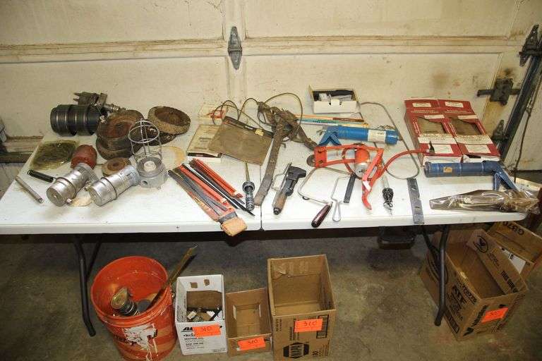 (2) 2 Inch x 12 Inch Opening Vent Cover, Caulk Guns, Ratchet Come-Along, Air Pump, Wheels, Circular Saw Blades, Pipe Wrench, and Misc image