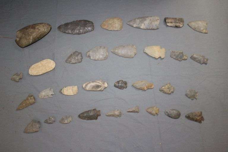 (28) Various Sized Arrow Heads, (2) Stones, and (1) Tomahawk Stone image