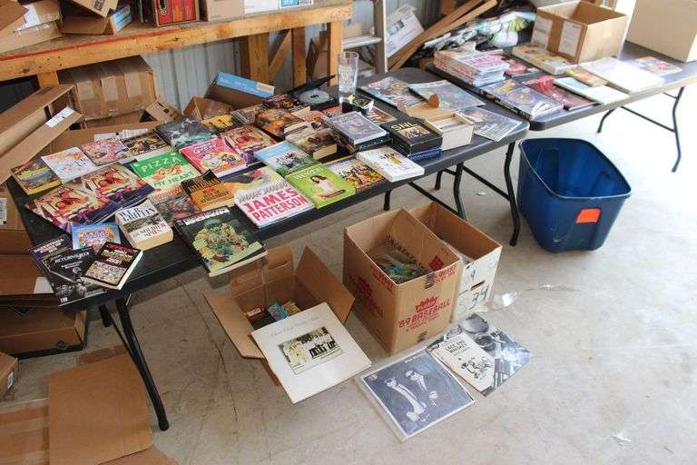 VHS and DVD's, CD's, Cheech and Chong Family Wedding Album, Lace and Whiskey Alice Cooper Record, Blues Brothers Record, Comic Books, Marvel Value Stamp Book, and Misc. Books image