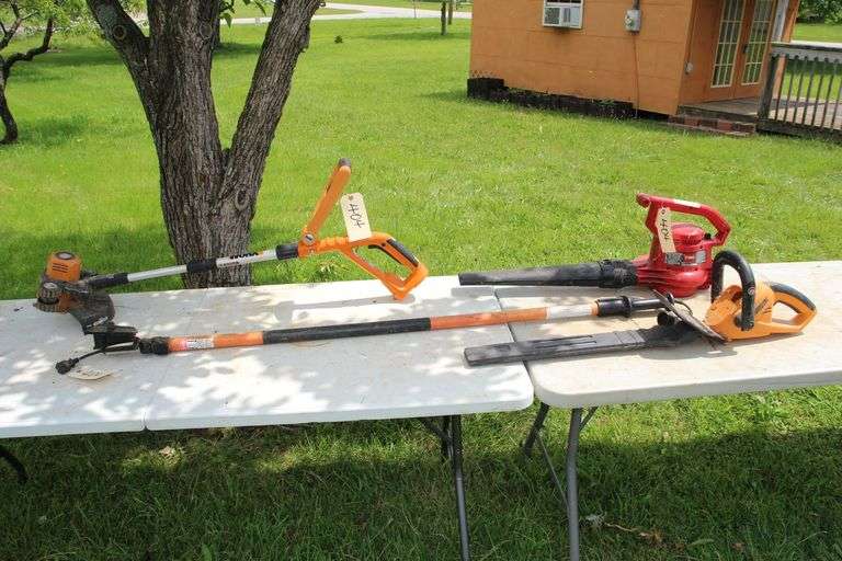 Work X Battery Powered Edge Trimmer, Toro Leaf Blower, Remington Pole Saw Pole, and 18V Work X  22 in Hedge Trimmer image