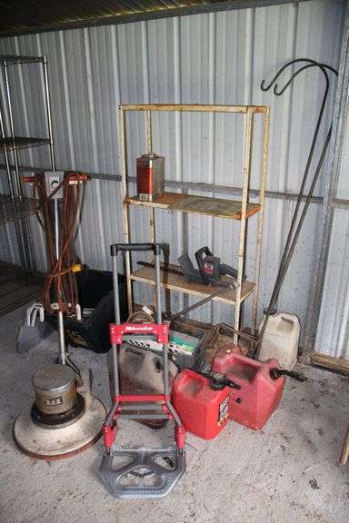 4 Section Metal Shelf, (2) Shepherds Hooks, (3) Plastic Gas Cans, Craftsman 14 Inch Hedge Trimmer, Milwaukee Dolly, Cello Floor Cleaner, and Misc image