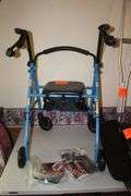 Rollator Walker, (2) Crutches, Stealth Angel Survival Backpack and Contents, Desk Cycle Ellipses, and WW Electric Scale