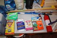 Cosco Step Stool, Broom, Mop Handle, Dunaga Bug Light, First Aid Kit, Fly Swatters, Wet Forget Stain Remover, Ortho Weed Killer, Dusters, and Misc.