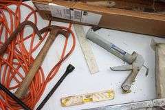 1/2 In Craftsman Drill, (2) Electrical Cords, Cable, 4 Way Tire Tool, Pruners, 2 Ton Floor Jack, Claw Hammer, Square, Crow Bar, Hand Saw, and Misc.