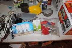 Washburn Crosby Co. Tin, Paint Brushes, LED Light Bulbs, Strainers, Sifter, Knives, Apple Cutter, Spatulas, Duck Double Draft Seal, Utensils, and Misc.