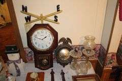Maple's Regulator Wall Clock, Welcome Hand Saw Decoration, Candles, No Trespassing Sign, Candy Dish, (2) Electric Lamps with Globes, and Misc.