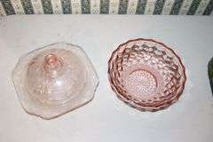 Glass Juicer, Pink Depression Candy Dishes, Canisters, Candy Dish with Lid, and Misc.