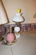 Milk Glass Lamp with Shade and Globe, Pole Lamp, (2) Glass Base Electric Lamps with Shades, Lantern Lamp, and Misc. Lamps