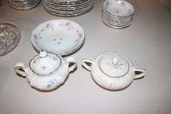 Traditions Fine China Bowls, Saucers, Plates, Butter Dish, Candy Dishes, Vase, Bowls, Juicer, and Misc. Glassware