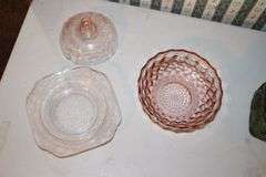 Glass Juicer, Pink Depression Candy Dishes, Canisters, Candy Dish with Lid, and Misc.