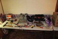 Ball Peen Hammer, Tool Kit, Speed Square, Claw Hammer, Caulk Gun, Pliers, Electrical Tester, Levels, Combination Wrenches, Tool Bags, and Misc.
