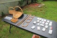 (2) Wicker Baskets, (4) Horseshoes and (2) Pegs, (12) Bowling Pin Decorations, and Misc. Cassette Tapes