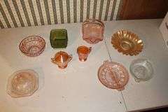 Glass Juicer, Pink Depression Candy Dishes, Canisters, Candy Dish with Lid, and Misc.