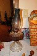 (2) Oil Lamps with Globes, Oil Lamp Base, (3) Rollers, Lamp Oil, Iron, Glass Goblet, and Wooden Calendar