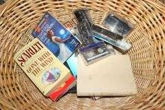 Wicker Basket, VHS Movies, Encyclopedias, Cassettes, and Misc. Books