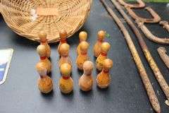 (2) Wicker Baskets, (4) Horseshoes and (2) Pegs, (12) Bowling Pin Decorations, and Misc. Cassette Tapes