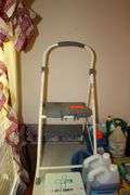 Cosco Step Stool, Broom, Mop Handle, Dunaga Bug Light, First Aid Kit, Fly Swatters, Wet Forget Stain Remover, Ortho Weed Killer, Dusters, and Misc.