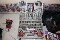 Ball Peen Hammer, Tool Kit, Speed Square, Claw Hammer, Caulk Gun, Pliers, Electrical Tester, Levels, Combination Wrenches, Tool Bags, and Misc.