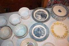 Heart Bowls, Plates, and Saucers, Kaysons Saucers and Plates, Fire King Orange Bowls, Currier & Ives Decorative Plates, and Bowls