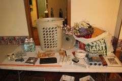 Sterilite Laundry Hamper with Lid, Meade County RECC Yard Stick, Scrubbing Bubbles Shower Cleaner, Bath Hardware Set, Artificial Flowers, and Misc.