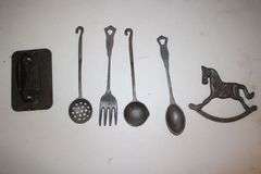 Cast Iron Kettle with Handle, Cracker Barrel Cast Iron Press, Baking Powder Tin, Cast Iron Utensils, and Cast Iron Horse