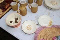 Blankets, Mugs, Stoneware Pitcher and Cups, Golden Wheat Plates and Saucers, Wall Decor, and Misc.