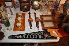 Maple's Regulator Wall Clock, Welcome Hand Saw Decoration, Candles, No Trespassing Sign, Candy Dish, (2) Electric Lamps with Globes, and Misc.