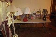 Milk Glass Lamp with Shade and Globe, Pole Lamp, (2) Glass Base Electric Lamps with Shades, Lantern Lamp, and Misc. Lamps