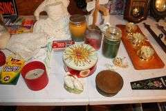 Maple's Regulator Wall Clock, Welcome Hand Saw Decoration, Candles, No Trespassing Sign, Candy Dish, (2) Electric Lamps with Globes, and Misc.