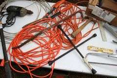 1/2 In Craftsman Drill, (2) Electrical Cords, Cable, 4 Way Tire Tool, Pruners, 2 Ton Floor Jack, Claw Hammer, Square, Crow Bar, Hand Saw, and Misc.