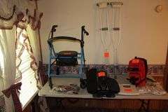 Rollator Walker, (2) Crutches, Stealth Angel Survival Backpack and Contents, Desk Cycle Ellipses, and WW Electric Scale