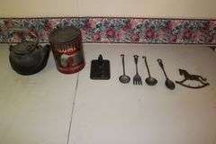 Cast Iron Kettle with Handle, Cracker Barrel Cast Iron Press, Baking Powder Tin, Cast Iron Utensils, and Cast Iron Horse