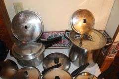 Graniteware Roaster Pan with Lid, Pressure Cooker, Pots, Cake Mold, Graniteware Pot with Lid, Serving Tray, Stainless Cooker Pot, and Frying Pan