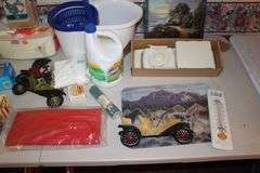 Kingsford Hickory Charcoal, Plastic Cups, Mop Bucket, Car Wall Decorations, Hefty Plates, Guy Williams and Son Thermometer, and Misc.