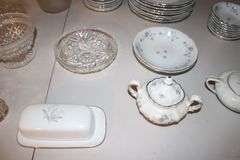 Traditions Fine China Bowls, Saucers, Plates, Butter Dish, Candy Dishes, Vase, Bowls, Juicer, and Misc. Glassware