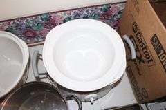 Baking Pans, Anchor Glass Baking Dishes with Covers, Hamilton Beach Slow Cooker, Pie Pans, and Pots